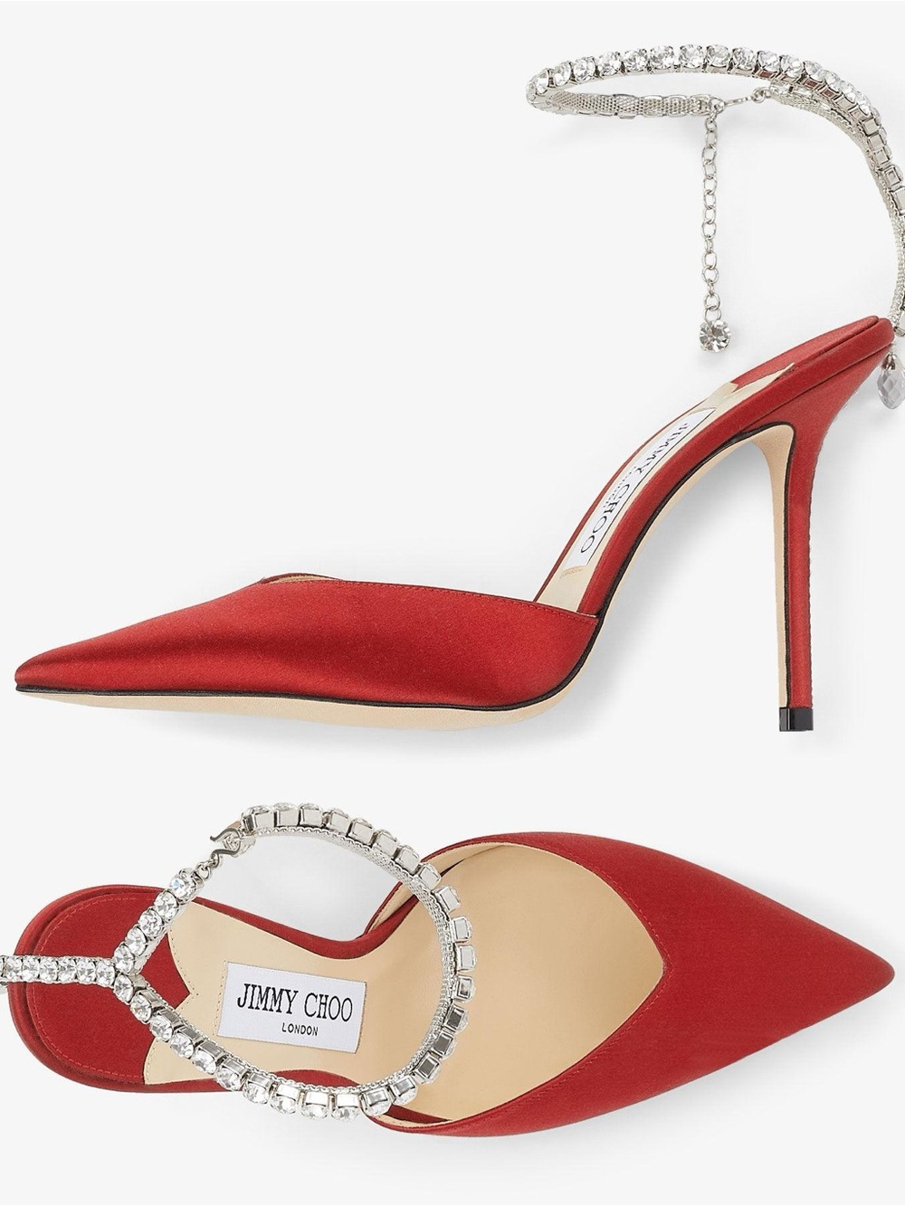 Jimmy Choo Red Velvet Pointed Toe Crystal-Ankle Stiletto Pump